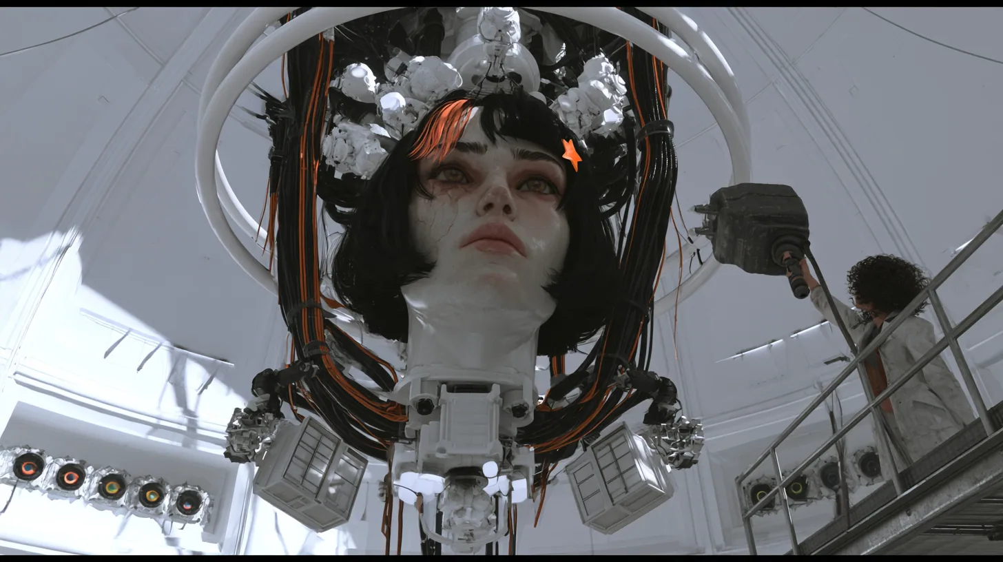 Cinematic film still in a bright white dome chamber: a giant porcelain android head with black blunt bob, clay-orange streak and small orange star clip hangs from a thick boom of black orange-striped cables crowded…