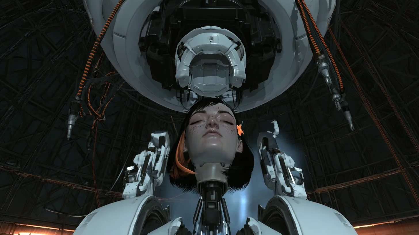 Low-angle cinematic film still in a dark lattice-domed Portal 2 chamber: an empty white mechanical socket hangs from a black chassis under a heavy white ceiling ring, orange-striped cables dangling with metal plugs;…