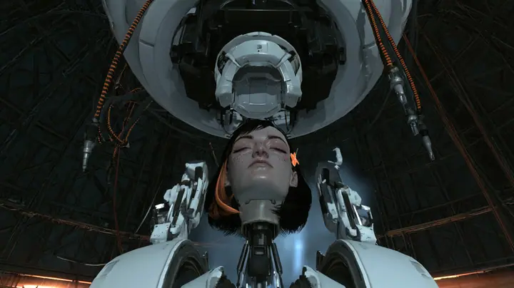 Low-angle cinematic film still in a dark lattice-domed Portal 2 chamber: an empty white mechanical socket hangs from a black chassis under a heavy white ceiling ring, orange-striped cables dangling with metal plugs;…