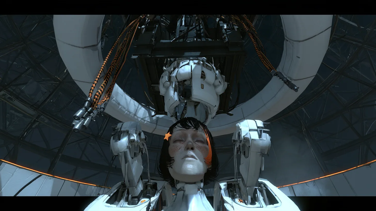 Low-angle cinematic film still in a dark lattice-domed Portal 2 chamber: an empty white mechanical socket hangs from a black chassis under a heavy white ceiling ring, orange-striped cables dangling with metal plugs;…