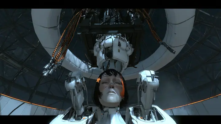 Low-angle cinematic film still in a dark lattice-domed Portal 2 chamber: an empty white mechanical socket hangs from a black chassis under a heavy white ceiling ring, orange-striped cables dangling with metal plugs;…