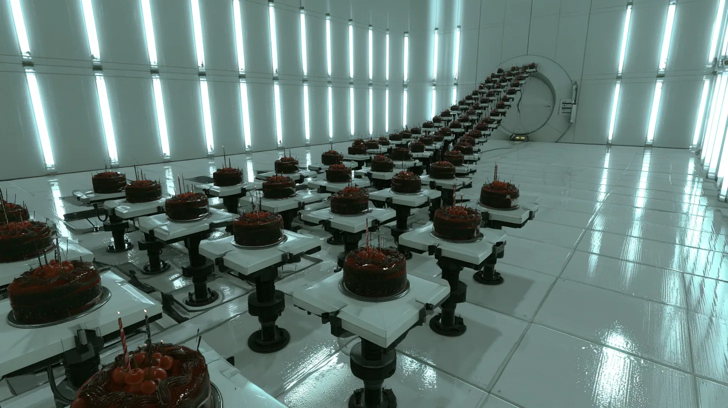 High-angle cinematic film still over an enormous white Portal 2 test chamber: dozens of black forest cakes with cherries and thin candles sit on white floor panels raised on black pistons to different heights, a…