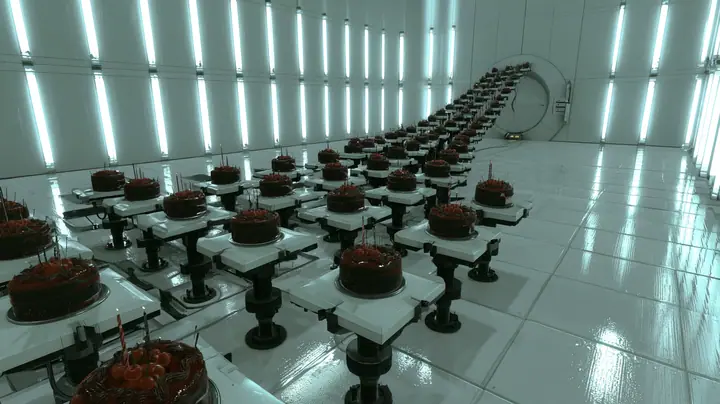 High-angle cinematic film still over an enormous white Portal 2 test chamber: dozens of black forest cakes with cherries and thin candles sit on white floor panels raised on black pistons to different heights, a…