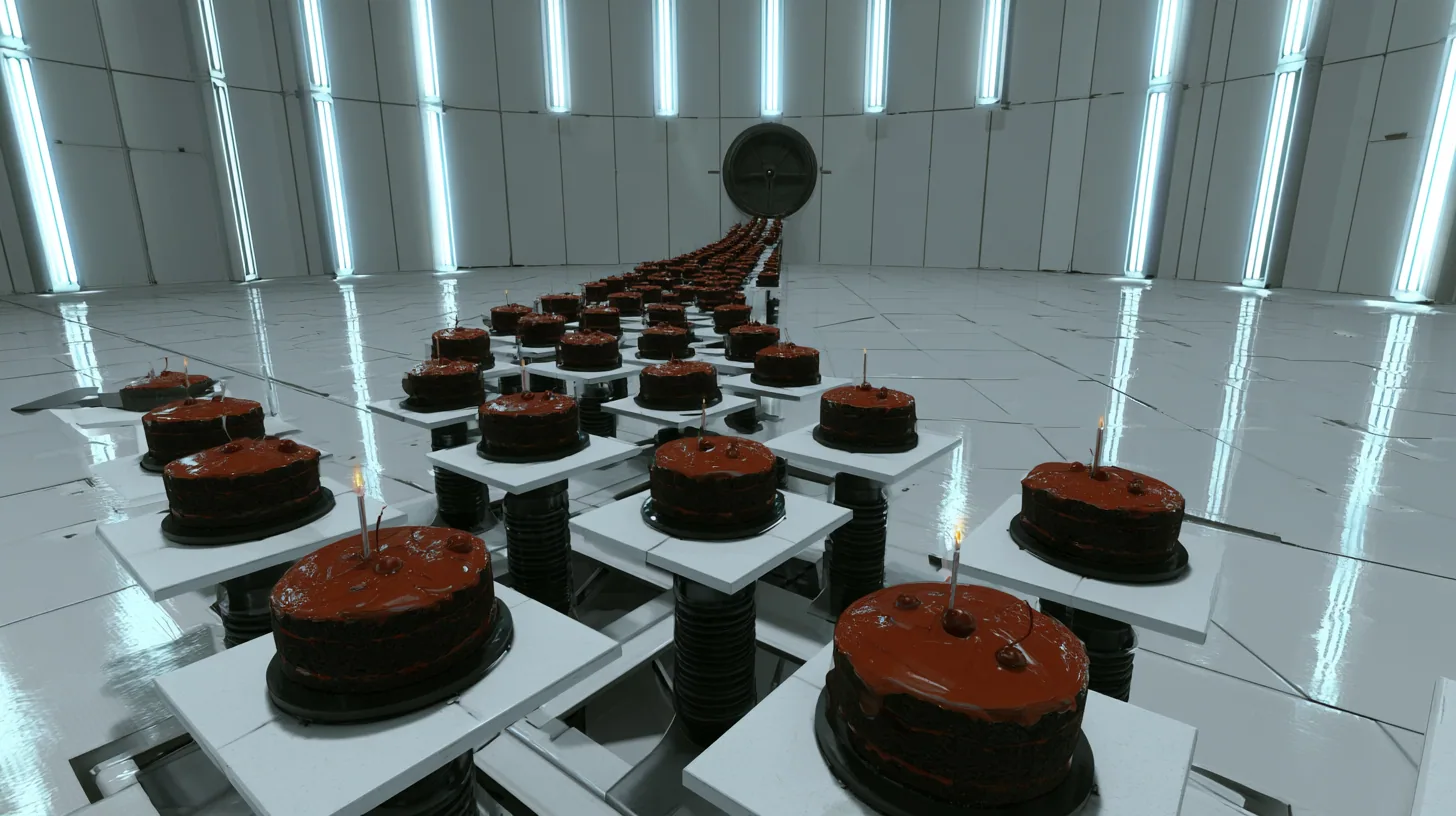 High-angle cinematic film still over an enormous white Portal 2 test chamber: dozens of black forest cakes with cherries and thin candles sit on white floor panels raised on black pistons to different heights, a…
