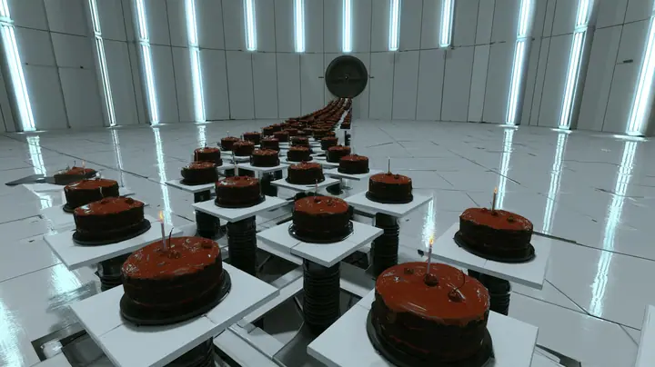 High-angle cinematic film still over an enormous white Portal 2 test chamber: dozens of black forest cakes with cherries and thin candles sit on white floor panels raised on black pistons to different heights, a…