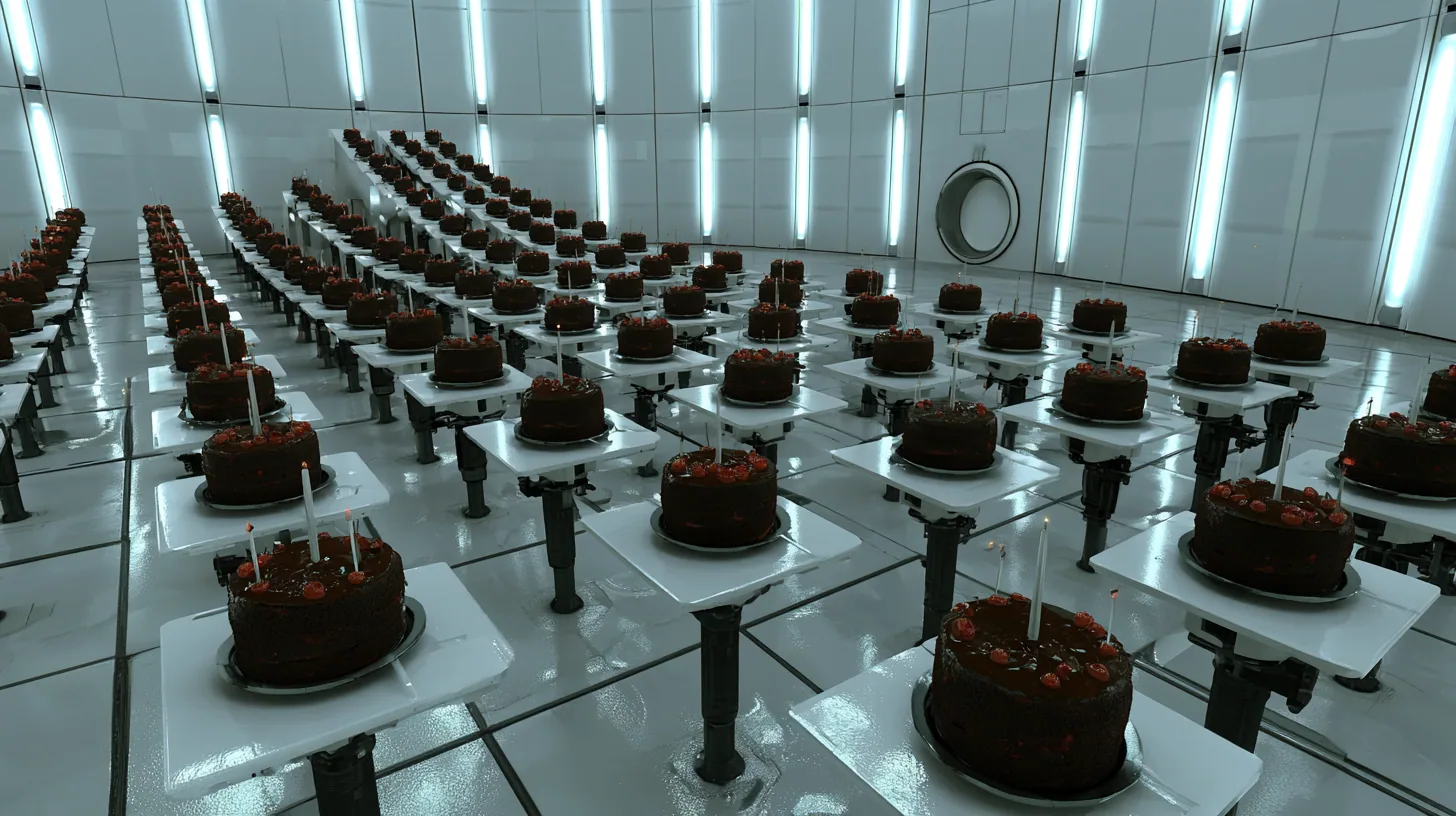 High-angle cinematic film still over an enormous white Portal 2 test chamber: dozens of black forest cakes with cherries and thin candles sit on white floor panels raised on black pistons to different heights, a…