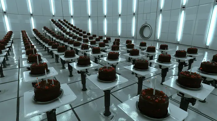 High-angle cinematic film still over an enormous white Portal 2 test chamber: dozens of black forest cakes with cherries and thin candles sit on white floor panels raised on black pistons to different heights, a…