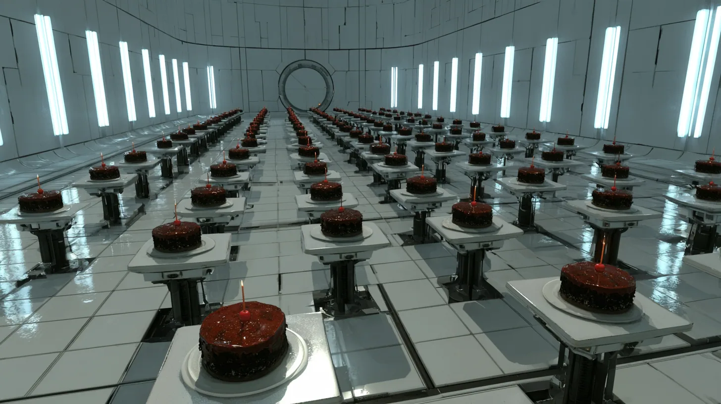 High-angle cinematic film still over an enormous white Portal 2 test chamber: dozens of black forest cakes with cherries and thin candles sit on white floor panels raised on black pistons to different heights, a…