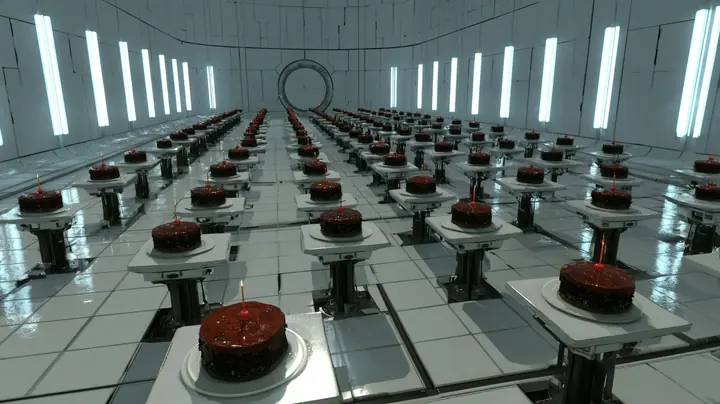 High-angle cinematic film still over an enormous white Portal 2 test chamber: dozens of black forest cakes with cherries and thin candles sit on white floor panels raised on black pistons to different heights, a…