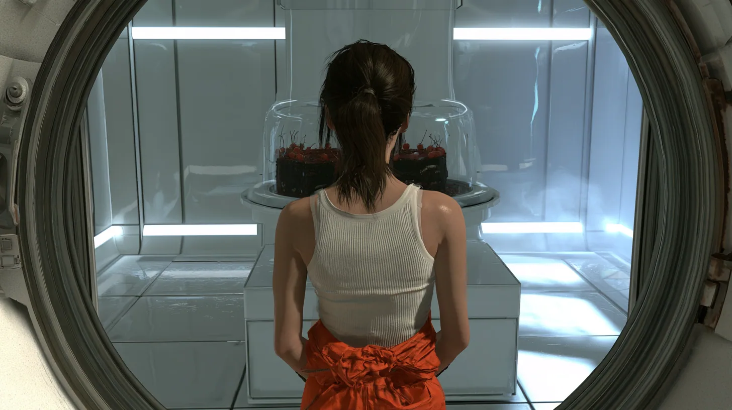 Cinematic film still over her shoulder through a round chamber doorway: a woman seen from behind, dark brown ponytail, white ribbed tank top, orange jumpsuit knotted at the waist, pauses at the threshold of a…