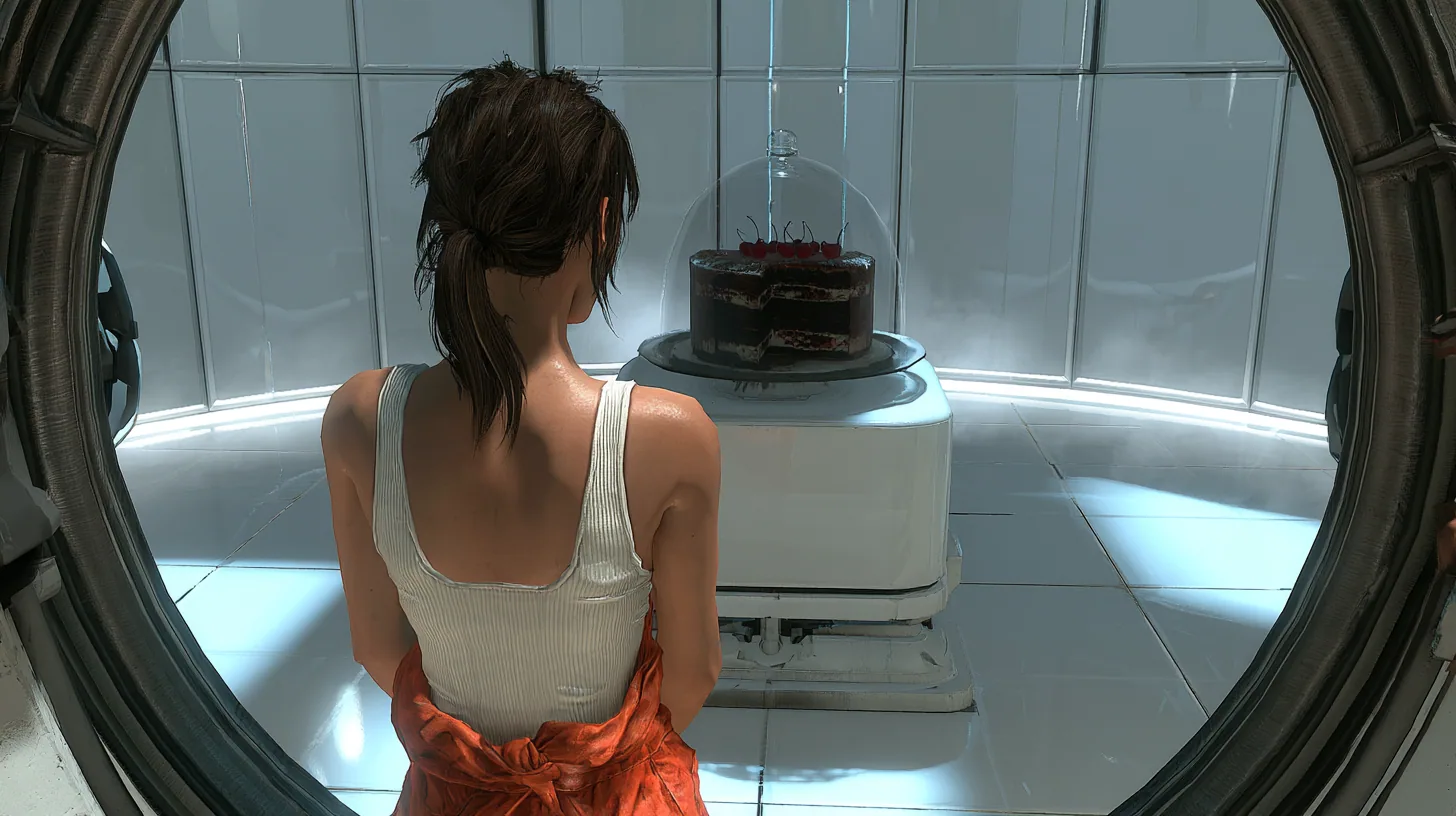 Cinematic film still over her shoulder through a round chamber doorway: a woman seen from behind, dark brown ponytail, white ribbed tank top, orange jumpsuit knotted at the waist, pauses at the threshold of a…