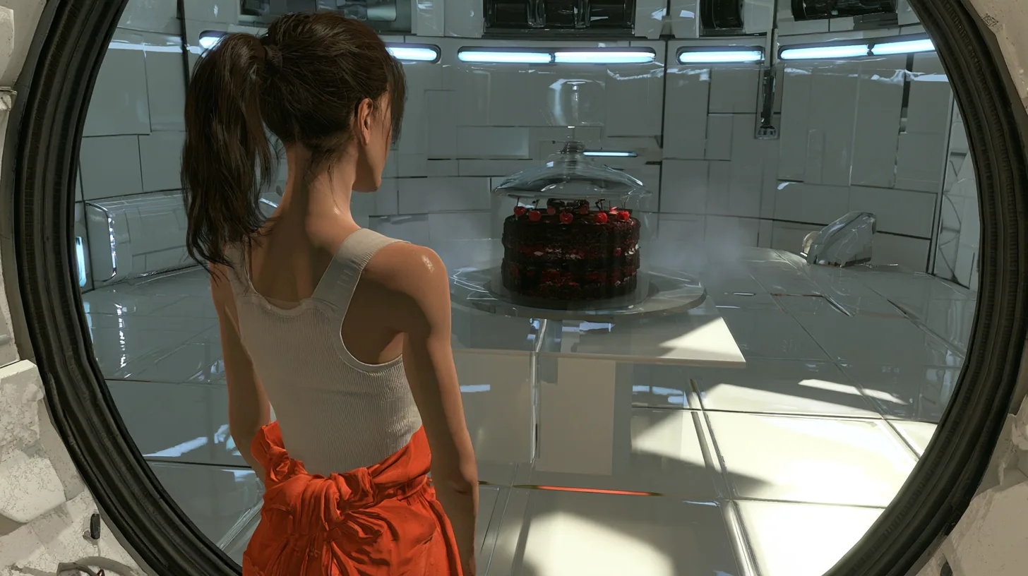 Cinematic film still over her shoulder through a round chamber doorway: a woman seen from behind, dark brown ponytail, white ribbed tank top, orange jumpsuit knotted at the waist, pauses at the threshold of a…