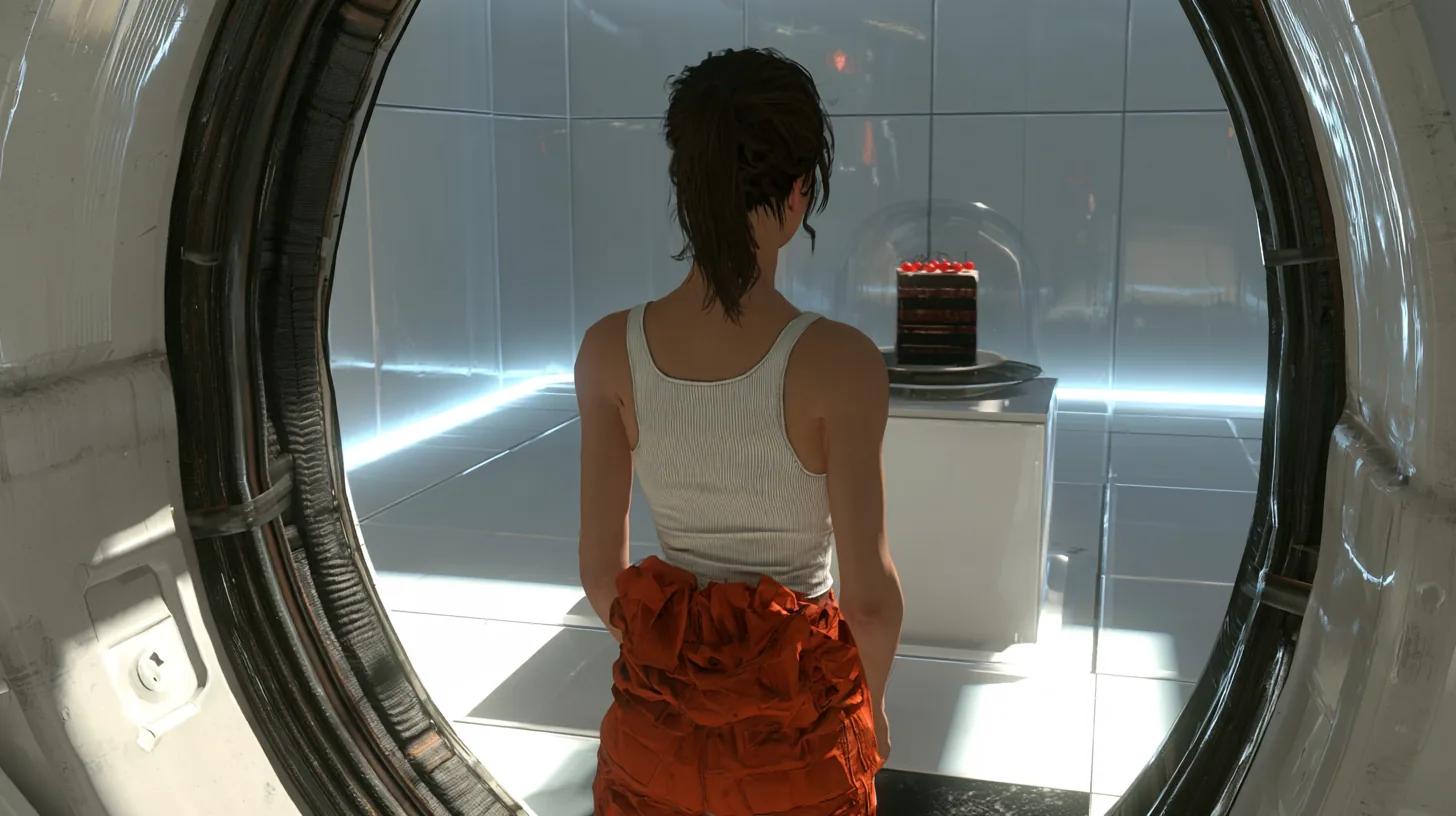 Cinematic film still over her shoulder through a round chamber doorway: a woman seen from behind, dark brown ponytail, white ribbed tank top, orange jumpsuit knotted at the waist, pauses at the threshold of a…