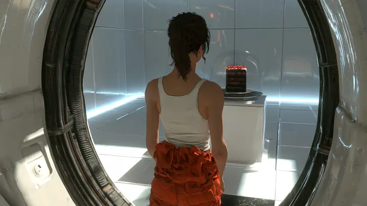 Cinematic film still over her shoulder through a round chamber doorway: a woman seen from behind, dark brown ponytail, white ribbed tank top, orange jumpsuit knotted at the waist, pauses at the threshold of a…