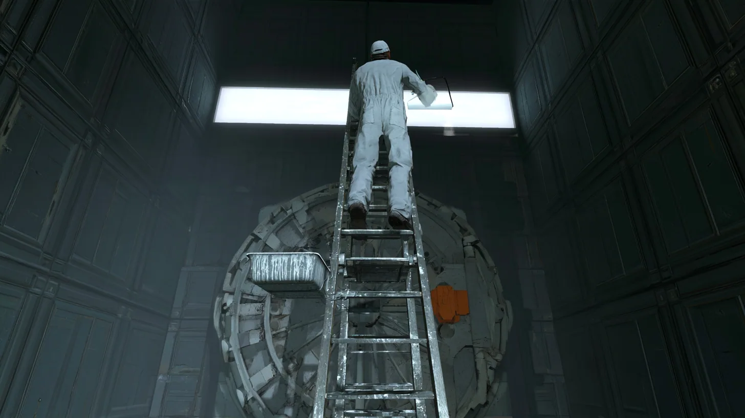 Low-angle cinematic film still: a technician in white overalls and cap, seen from behind on a tall aluminium ladder, rolls white paint across a long backlit sign above a massive round vault door in a dark panelled…