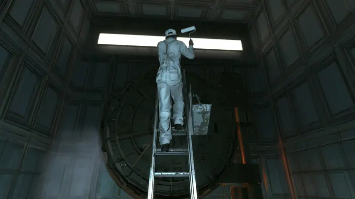 Low-angle cinematic film still: a technician in white overalls and cap, seen from behind on a tall aluminium ladder, rolls white paint across a long backlit sign above a massive round vault door in a dark panelled…