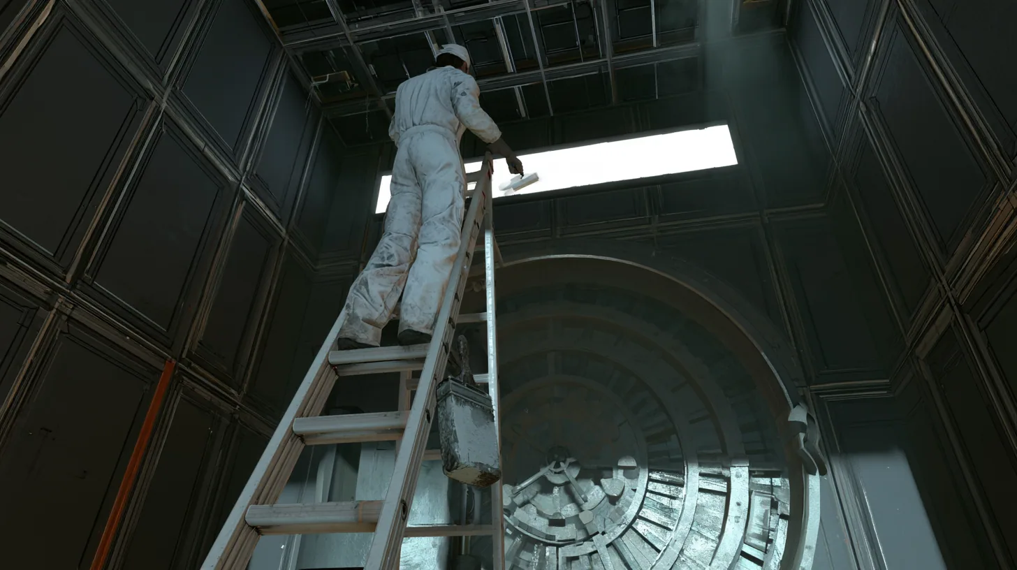 Low-angle cinematic film still: a technician in white overalls and cap, seen from behind on a tall aluminium ladder, rolls white paint across a long backlit sign above a massive round vault door in a dark panelled…