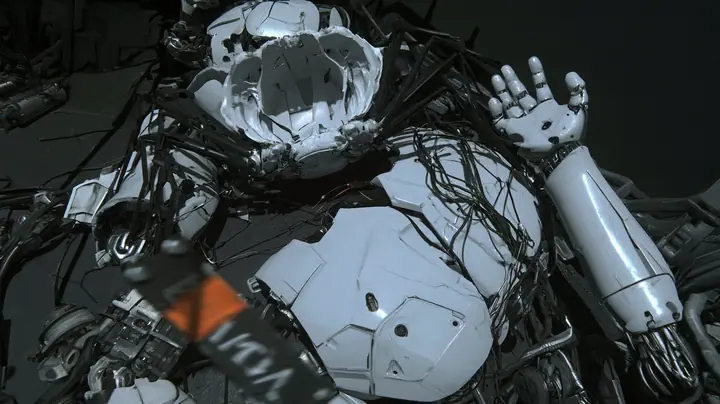 Top-down cinematic film still onto a dark chamber floor: a tangle of discarded white robot parts in a cold pool of light, a hollow white crab-like robot shell with thin black legs, a porcelain android arm with an…
