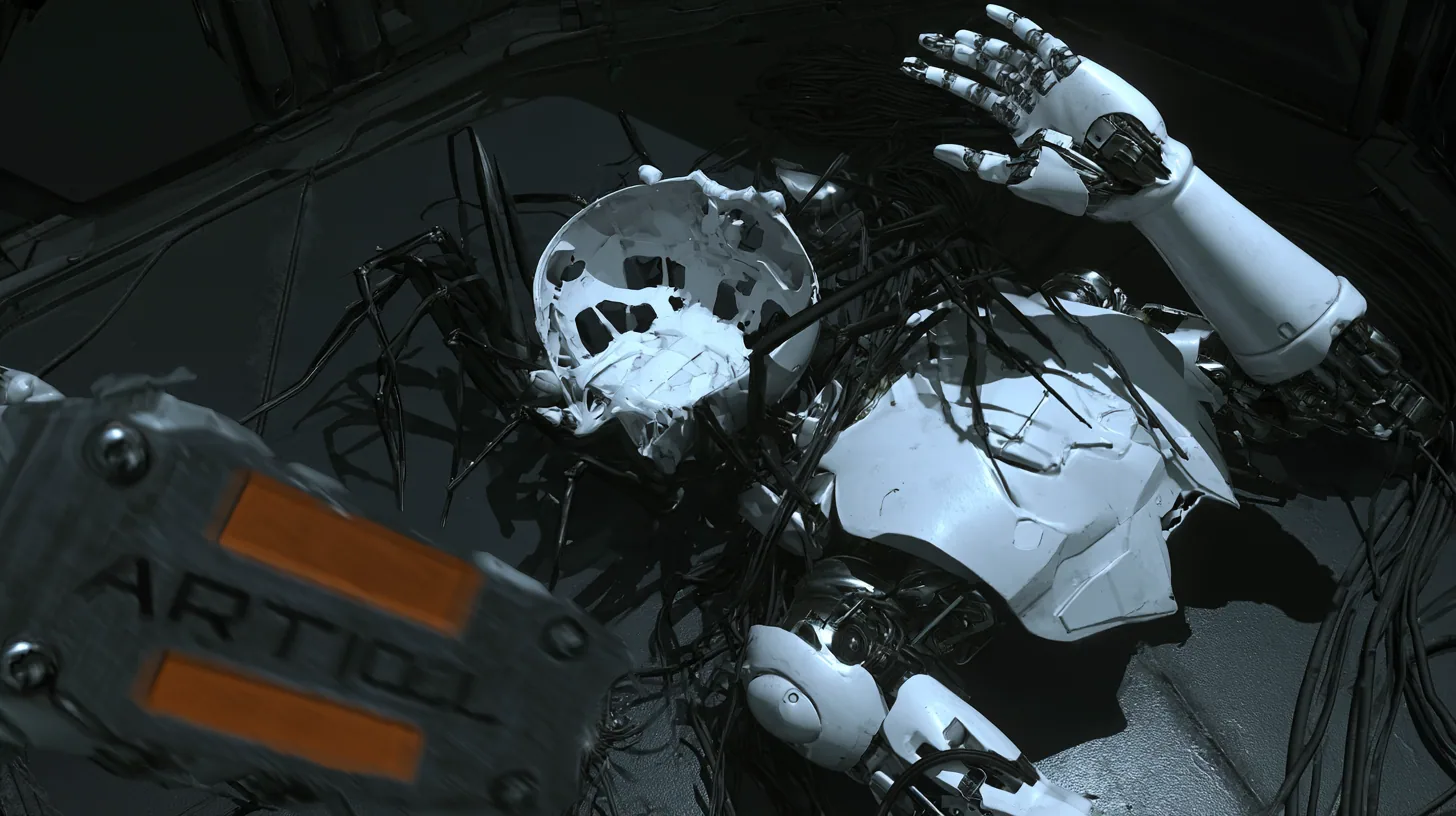 Top-down cinematic film still onto a dark chamber floor: a tangle of discarded white robot parts in a cold pool of light, a hollow white crab-like robot shell with thin black legs, a porcelain android arm with an…