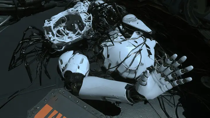 Top-down cinematic film still onto a dark chamber floor: a tangle of discarded white robot parts in a cold pool of light, a hollow white crab-like robot shell with thin black legs, a porcelain android arm with an…