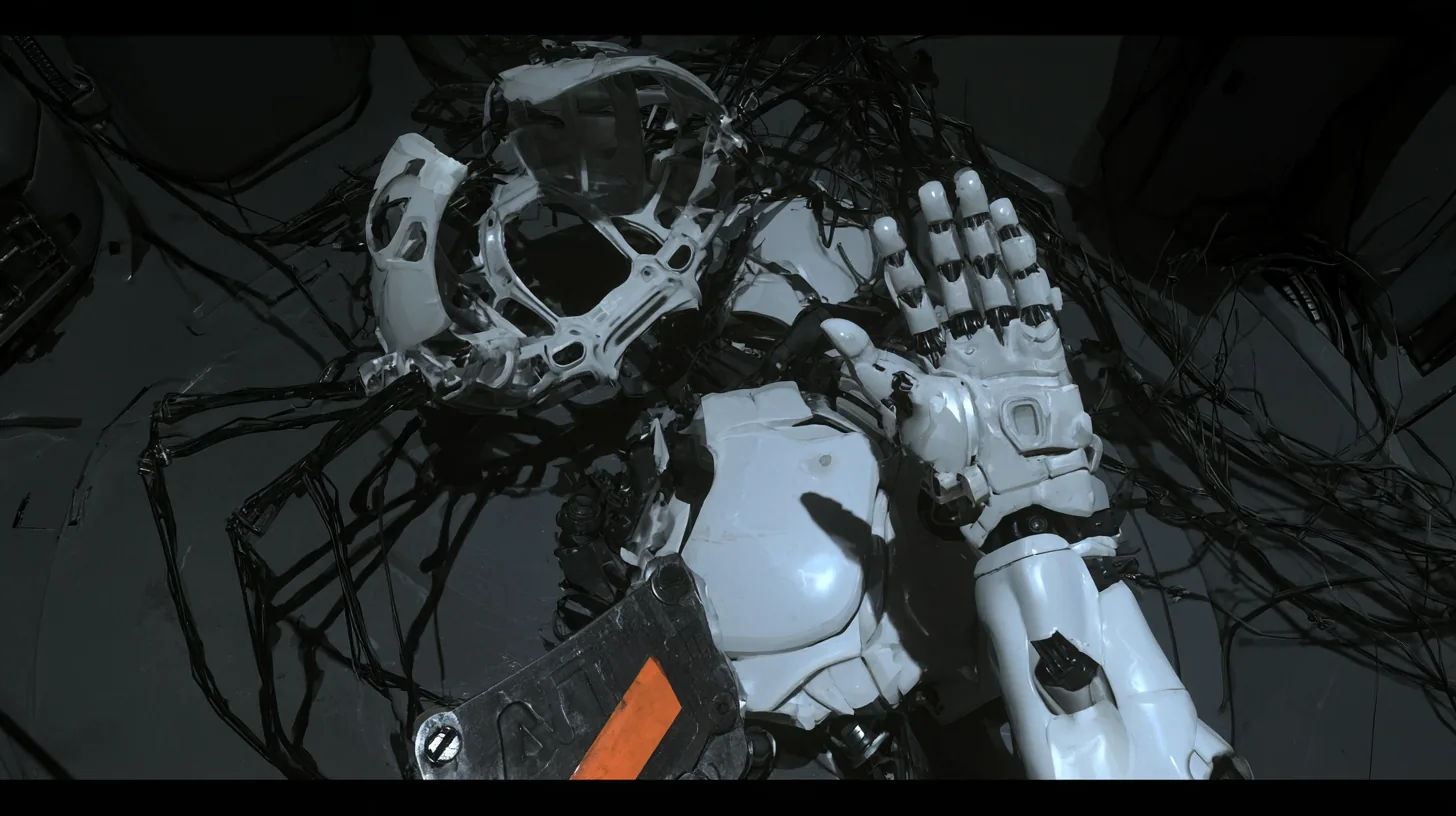 Top-down cinematic film still onto a dark chamber floor: a tangle of discarded white robot parts in a cold pool of light, a hollow white crab-like robot shell with thin black legs, a porcelain android arm with an…
