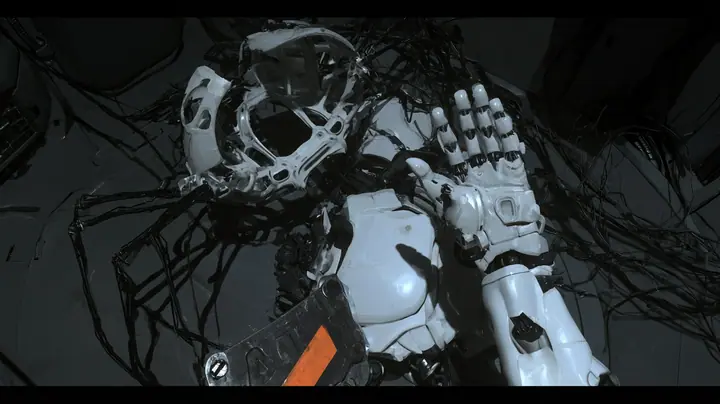 Top-down cinematic film still onto a dark chamber floor: a tangle of discarded white robot parts in a cold pool of light, a hollow white crab-like robot shell with thin black legs, a porcelain android arm with an…