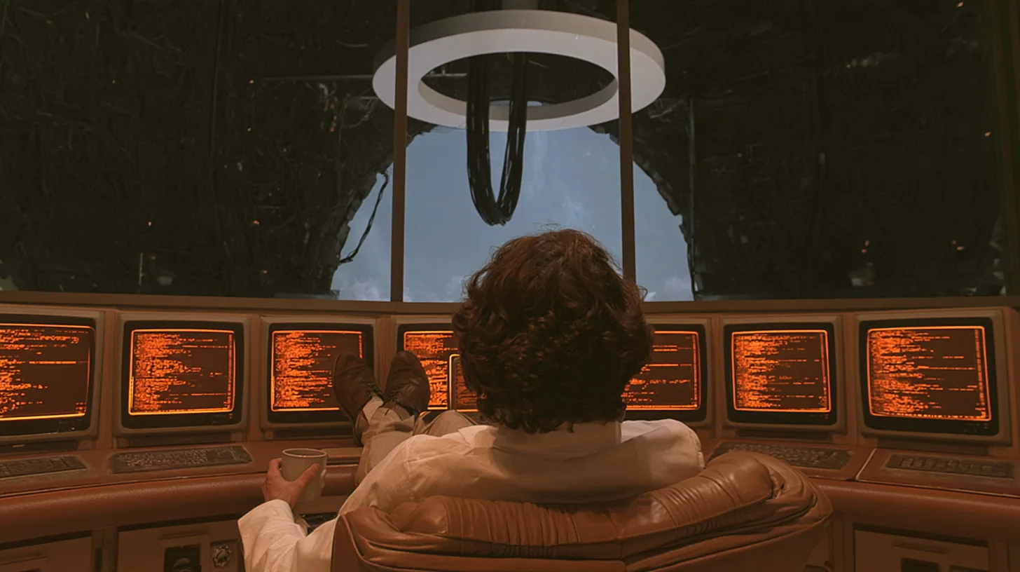 Over-the-shoulder cinematic film still: a scientist with curly brown hair in a white lab coat, seen from behind, reclines in a leather office chair, shoes up on a retro control desk, coffee mug in hand, before rows…