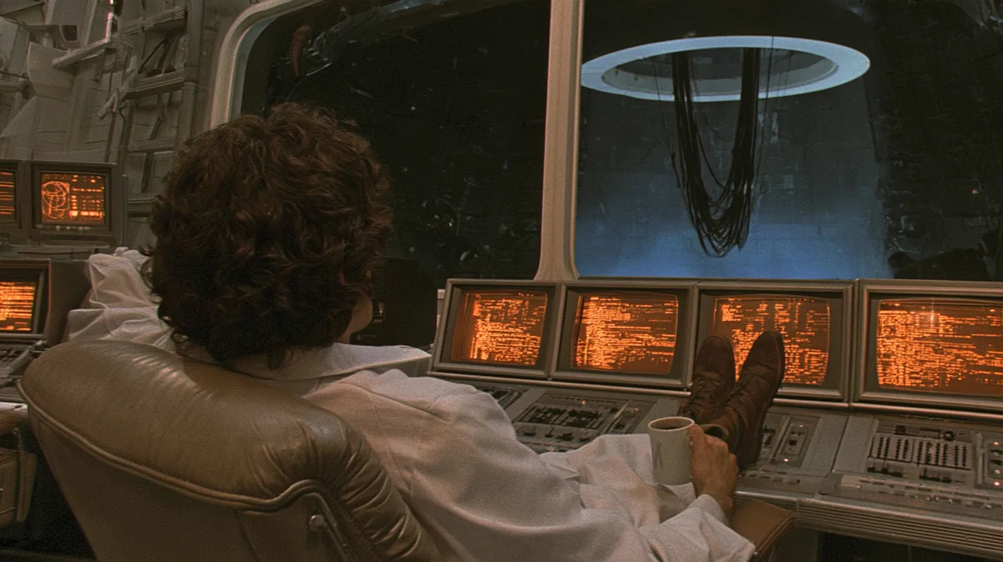 Over-the-shoulder cinematic film still: a scientist with curly brown hair in a white lab coat, seen from behind, reclines in a leather office chair, shoes up on a retro control desk, coffee mug in hand, before rows…