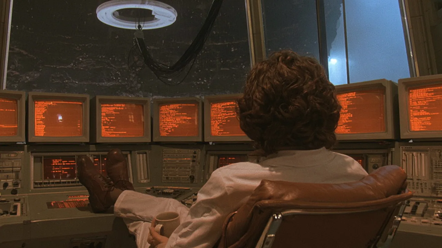 Over-the-shoulder cinematic film still: a scientist with curly brown hair in a white lab coat, seen from behind, reclines in a leather office chair, shoes up on a retro control desk, coffee mug in hand, before rows…