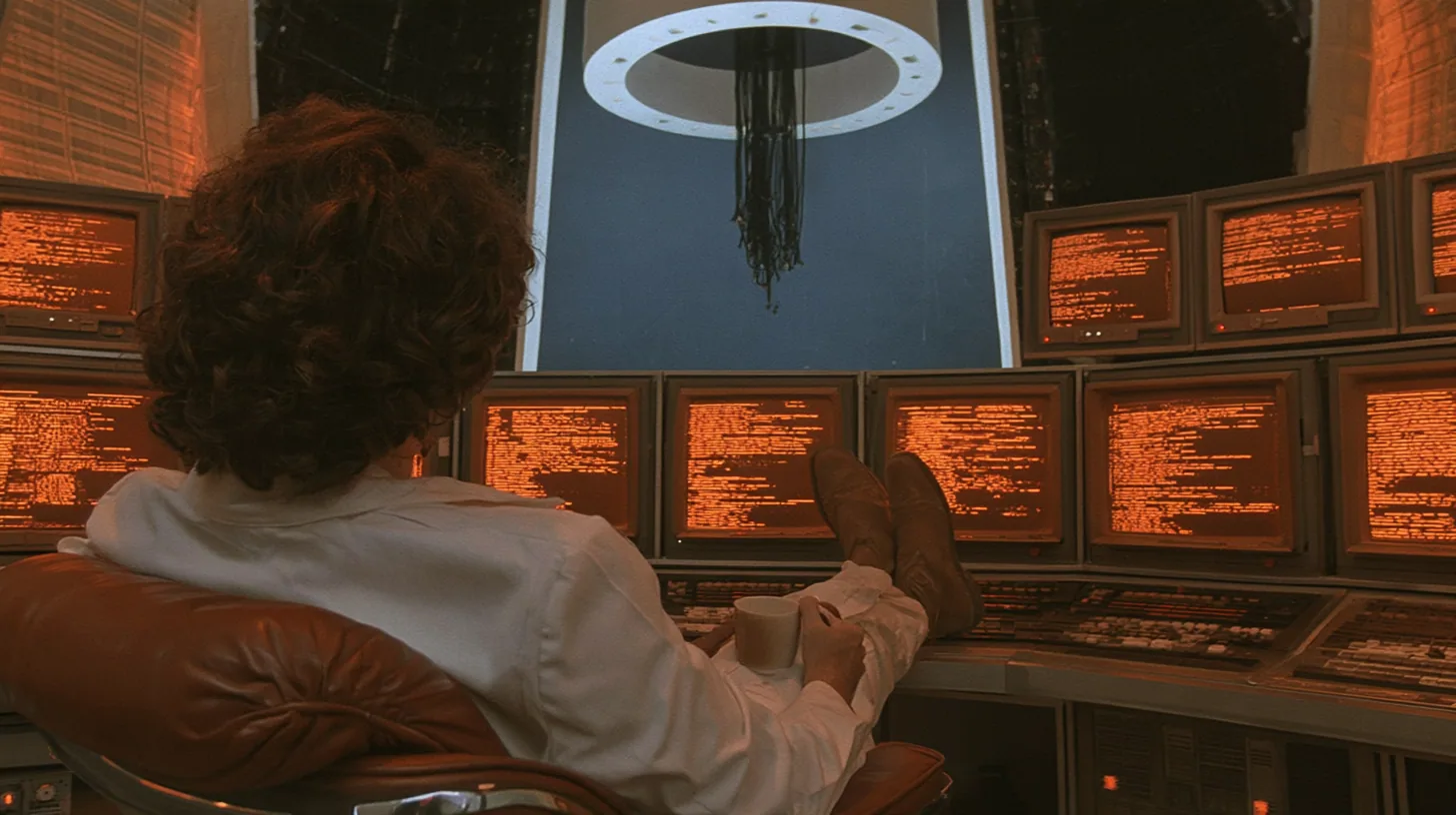 Over-the-shoulder cinematic film still: a scientist with curly brown hair in a white lab coat, seen from behind, reclines in a leather office chair, shoes up on a retro control desk, coffee mug in hand, before rows…