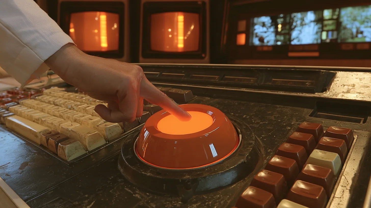 Macro cinematic film still: a fingertip descends toward a huge glossy orange key glowing from within, set among worn cream and brown keys of a 1970s console, a white lab coat cuff at the top edge, amber CRT glow and…