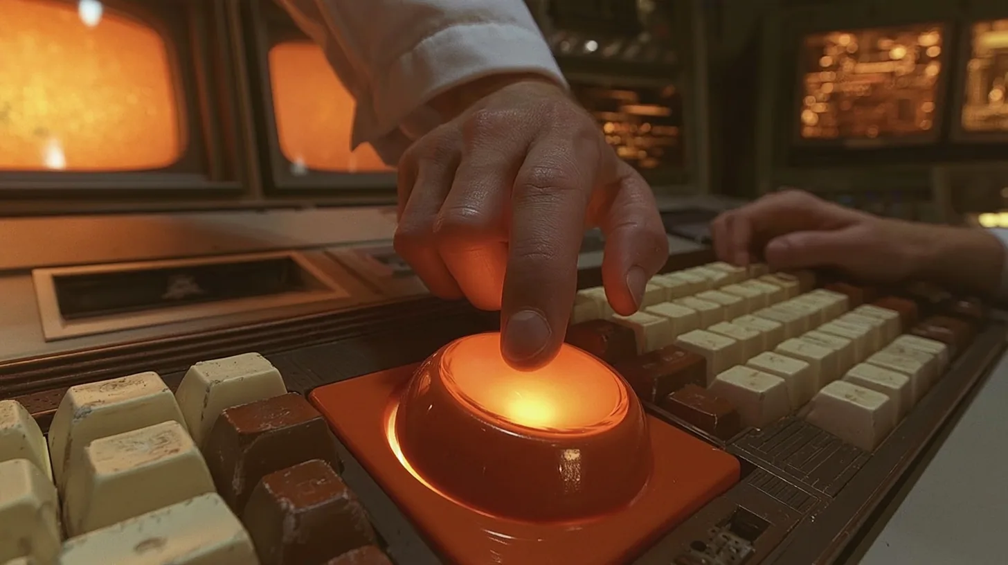 Macro cinematic film still: a fingertip descends toward a huge glossy orange key glowing from within, set among worn cream and brown keys of a 1970s console, a white lab coat cuff at the top edge, amber CRT glow and…