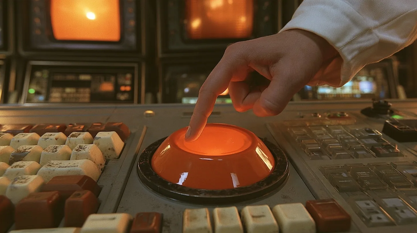 Macro cinematic film still: a fingertip descends toward a huge glossy orange key glowing from within, set among worn cream and brown keys of a 1970s console, a white lab coat cuff at the top edge, amber CRT glow and…