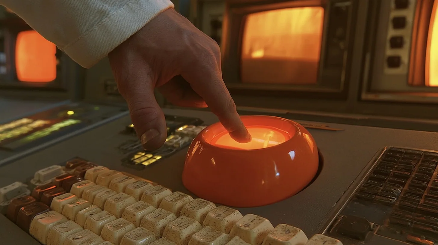 Macro cinematic film still: a fingertip descends toward a huge glossy orange key glowing from within, set among worn cream and brown keys of a 1970s console, a white lab coat cuff at the top edge, amber CRT glow and…