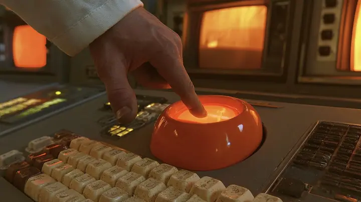 Macro cinematic film still: a fingertip descends toward a huge glossy orange key glowing from within, set among worn cream and brown keys of a 1970s console, a white lab coat cuff at the top edge, amber CRT glow and…