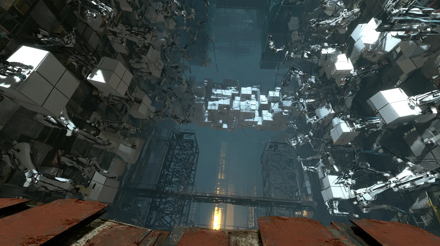 Aerial cinematic film still down a vast Portal 2 shaft: hundreds of jointed white robot arms gripping square white panels line both walls, many swinging and flipping as new white test chambers snap together in the…