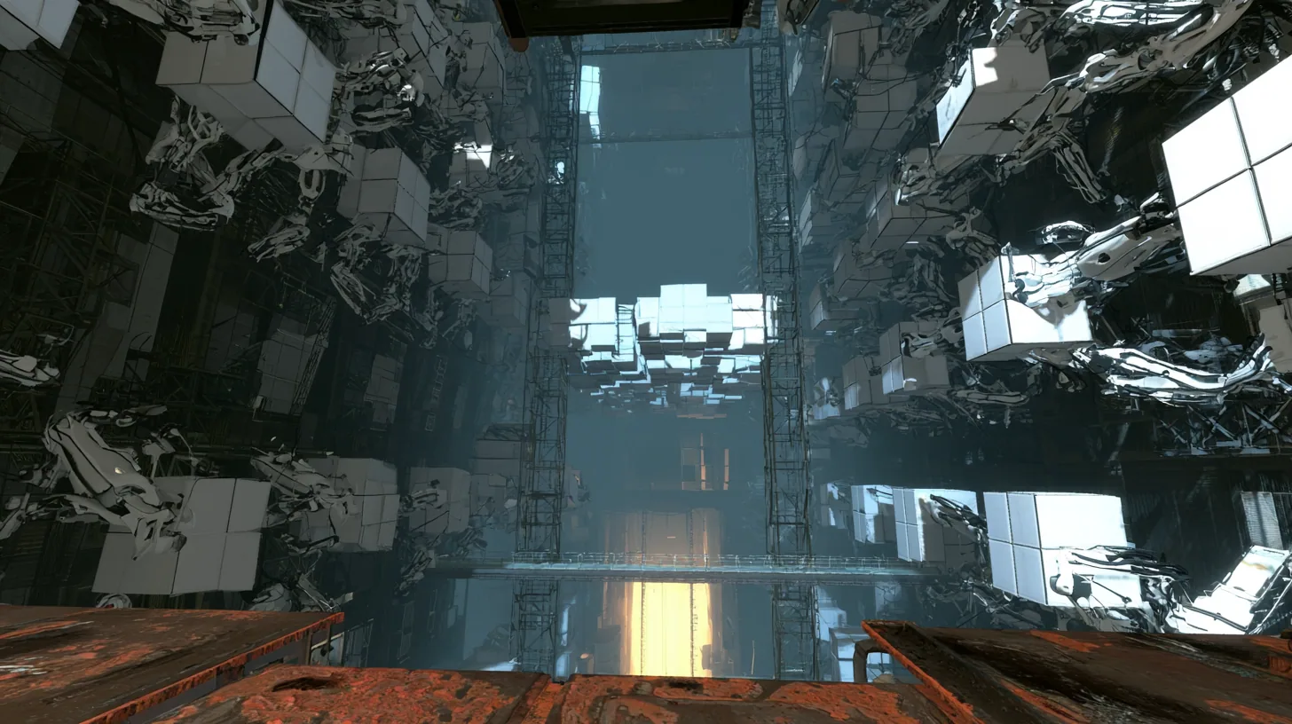 Aerial cinematic film still down a vast Portal 2 shaft: hundreds of jointed white robot arms gripping square white panels line both walls, many swinging and flipping as new white test chambers snap together in the…