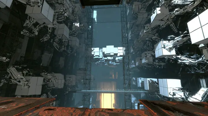 Aerial cinematic film still down a vast Portal 2 shaft: hundreds of jointed white robot arms gripping square white panels line both walls, many swinging and flipping as new white test chambers snap together in the…