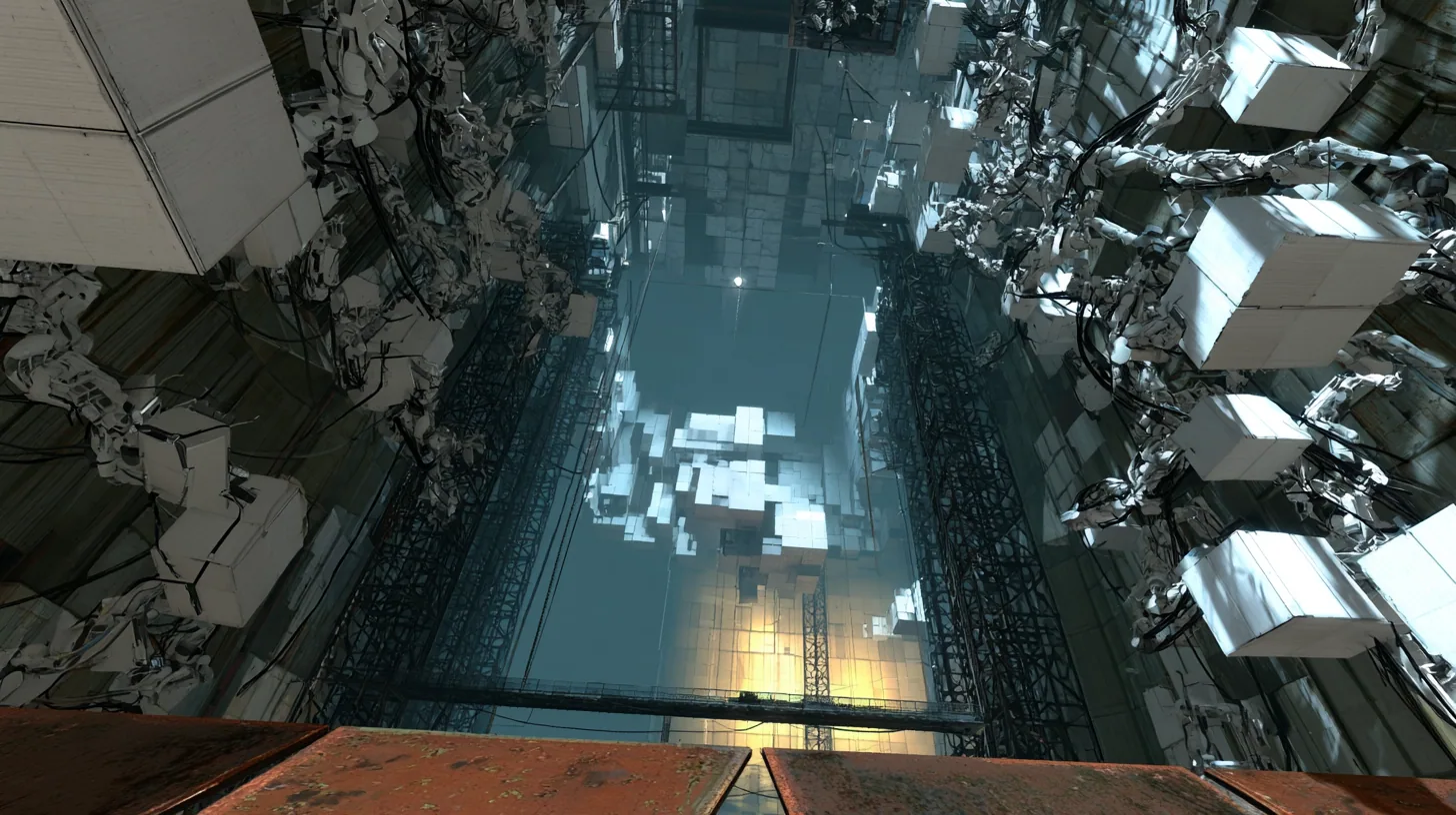 Aerial cinematic film still down a vast Portal 2 shaft: hundreds of jointed white robot arms gripping square white panels line both walls, many swinging and flipping as new white test chambers snap together in the…