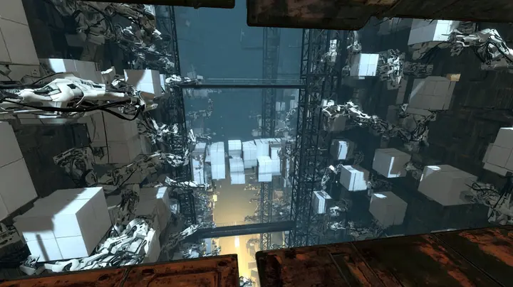 Aerial cinematic film still down a vast Portal 2 shaft: hundreds of jointed white robot arms gripping square white panels line both walls, many swinging and flipping as new white test chambers snap together in the…