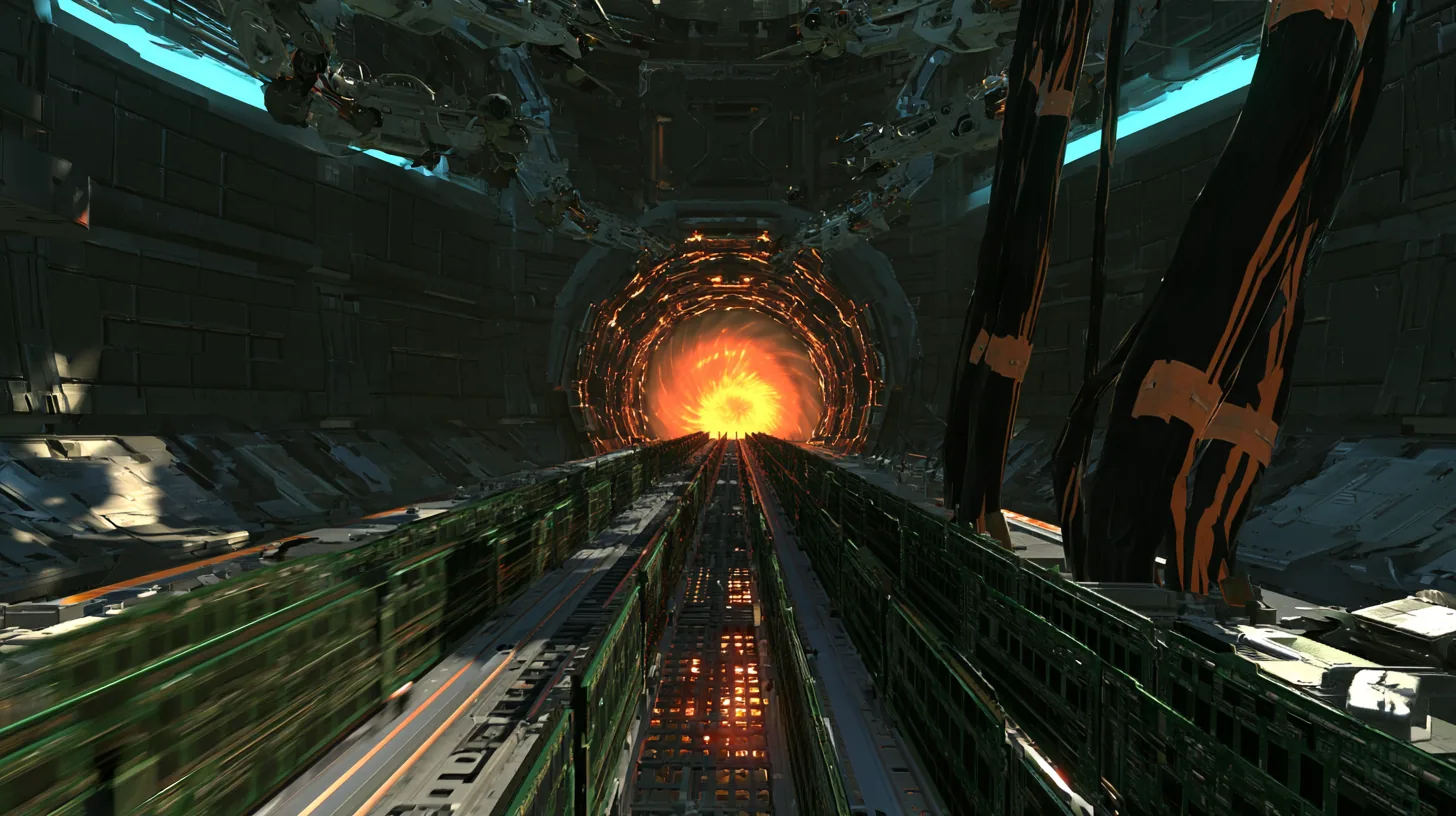Low-angle cinematic film still along a conveyor belt crowded with upright green memory modules racing toward a round iris hatch blazing orange in a dark panelled factory wall, mechanical arms hanging overhead, cyan…