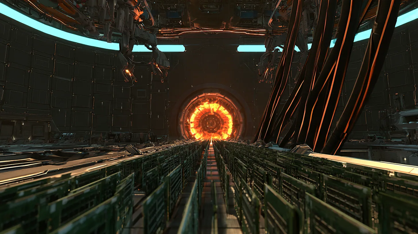 Low-angle cinematic film still along a conveyor belt crowded with upright green memory modules racing toward a round iris hatch blazing orange in a dark panelled factory wall, mechanical arms hanging overhead, cyan…