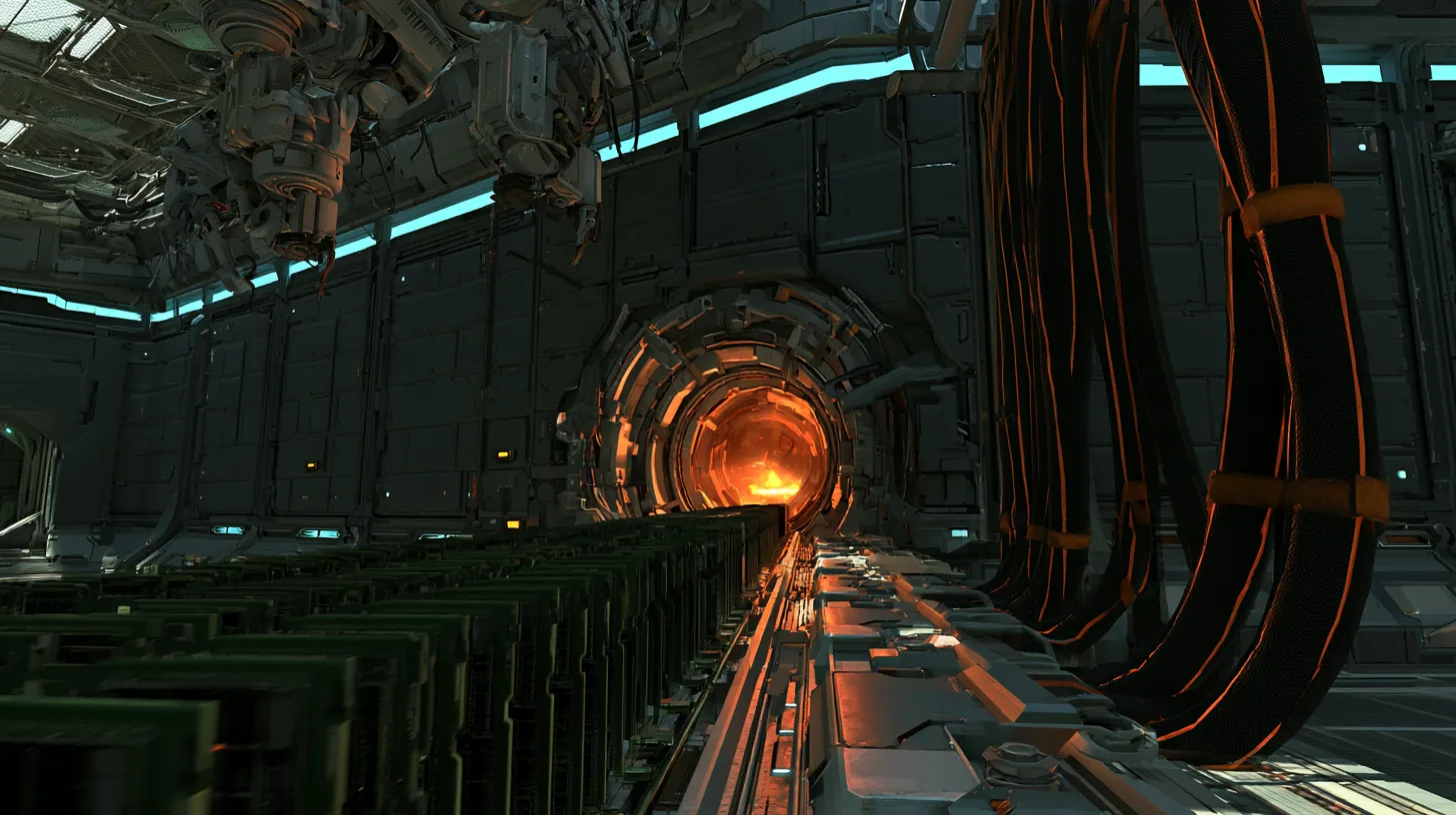 Low-angle cinematic film still along a conveyor belt crowded with upright green memory modules racing toward a round iris hatch blazing orange in a dark panelled factory wall, mechanical arms hanging overhead, cyan…