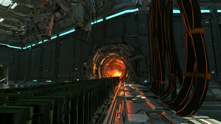 Low-angle cinematic film still along a conveyor belt crowded with upright green memory modules racing toward a round iris hatch blazing orange in a dark panelled factory wall, mechanical arms hanging overhead, cyan…