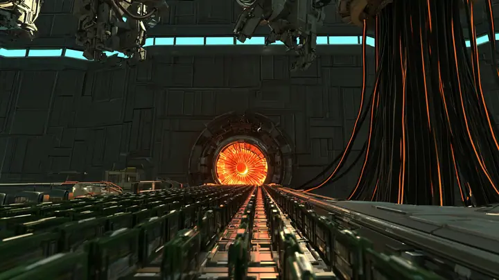 Low-angle cinematic film still along a conveyor belt crowded with upright green memory modules racing toward a round iris hatch blazing orange in a dark panelled factory wall, mechanical arms hanging overhead, cyan…
