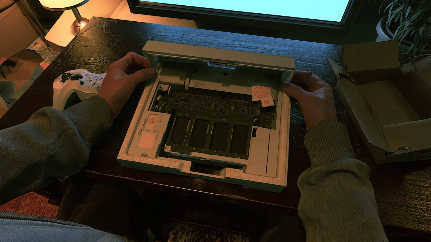 Top-down cinematic film still: on a dark wooden coffee table hands in a grey hoodie pull the cover off a new white game console in its foam tray, its circuit board bare with empty memory slots and a little paper slip…