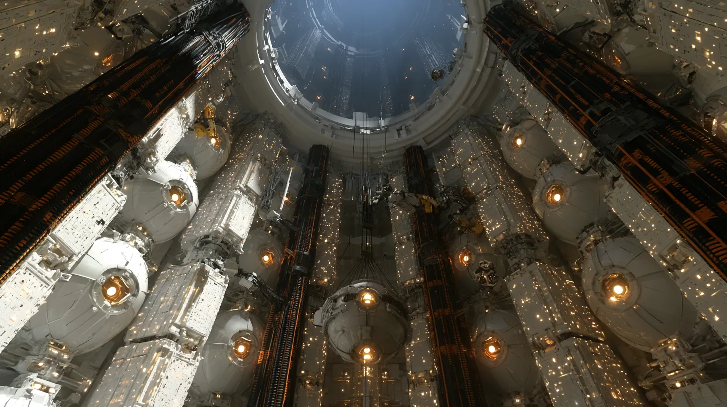 Upward cinematic film still from the floor of a vast cylindrical AI shaft: walls stacked with huge white spherical cores, each with a glowing amber eye, between columns of white compute racks speckled with amber…