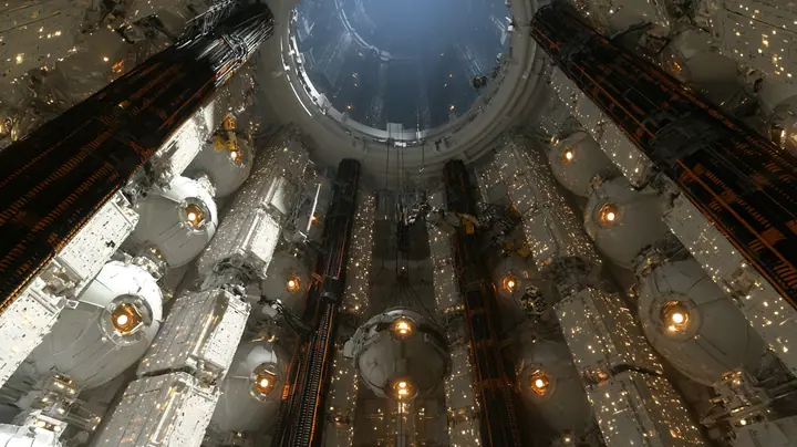 Upward cinematic film still from the floor of a vast cylindrical AI shaft: walls stacked with huge white spherical cores, each with a glowing amber eye, between columns of white compute racks speckled with amber…