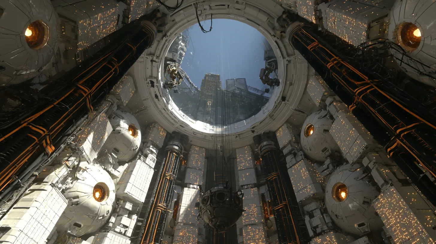 Upward cinematic film still from the floor of a vast cylindrical AI shaft: walls stacked with huge white spherical cores, each with a glowing amber eye, between columns of white compute racks speckled with amber…