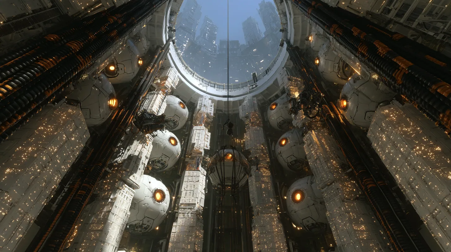 Upward cinematic film still from the floor of a vast cylindrical AI shaft: walls stacked with huge white spherical cores, each with a glowing amber eye, between columns of white compute racks speckled with amber…